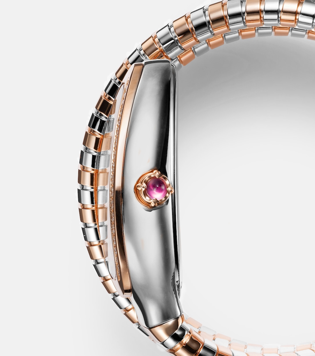 Orologio Serpenti Tubogas in oro rosa 18kt e acciaio inossidabile con diamanti e rubellite | Bvlgari