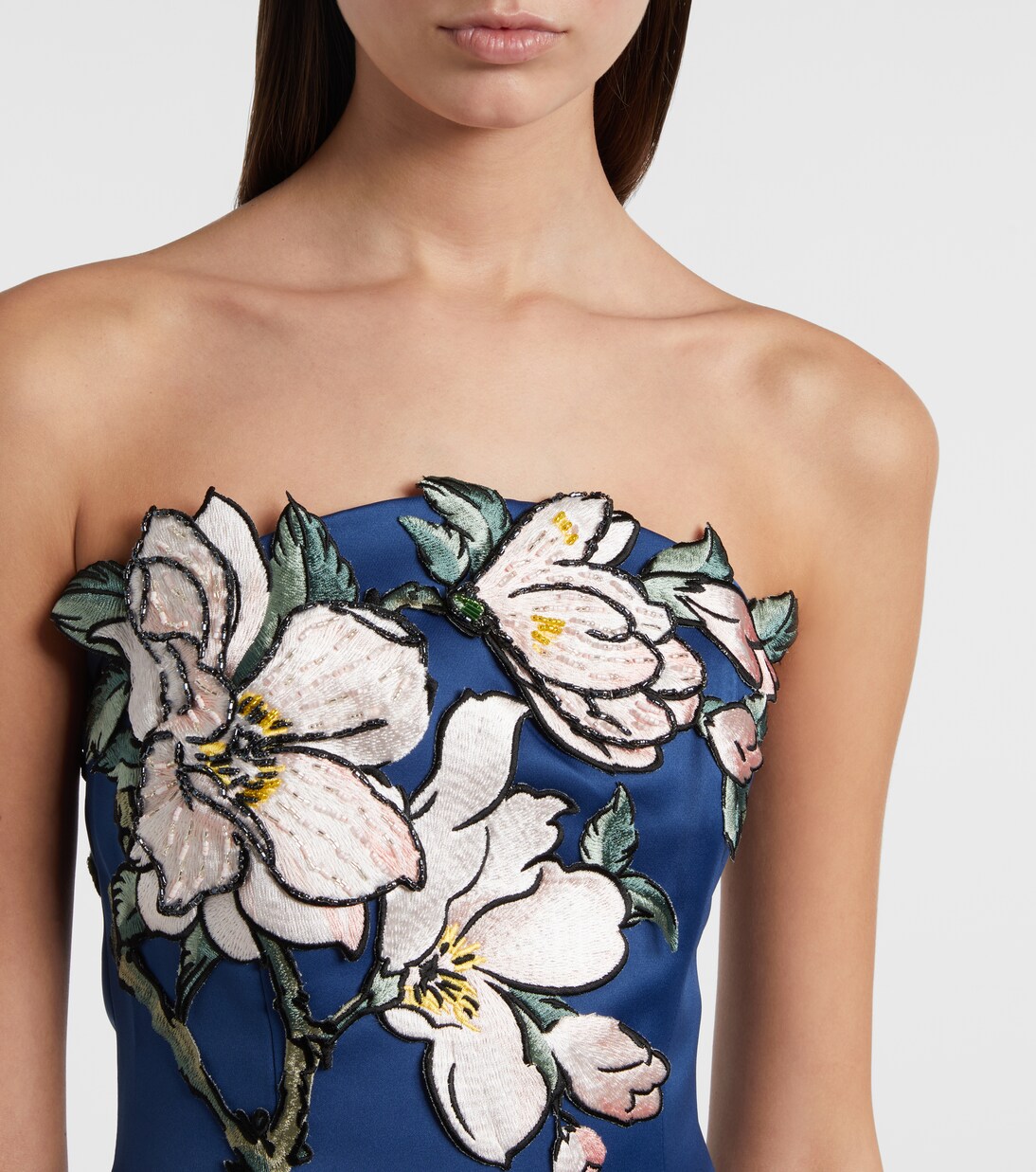 Ava floral-appliqué strapless midi dress | Leo Lin
