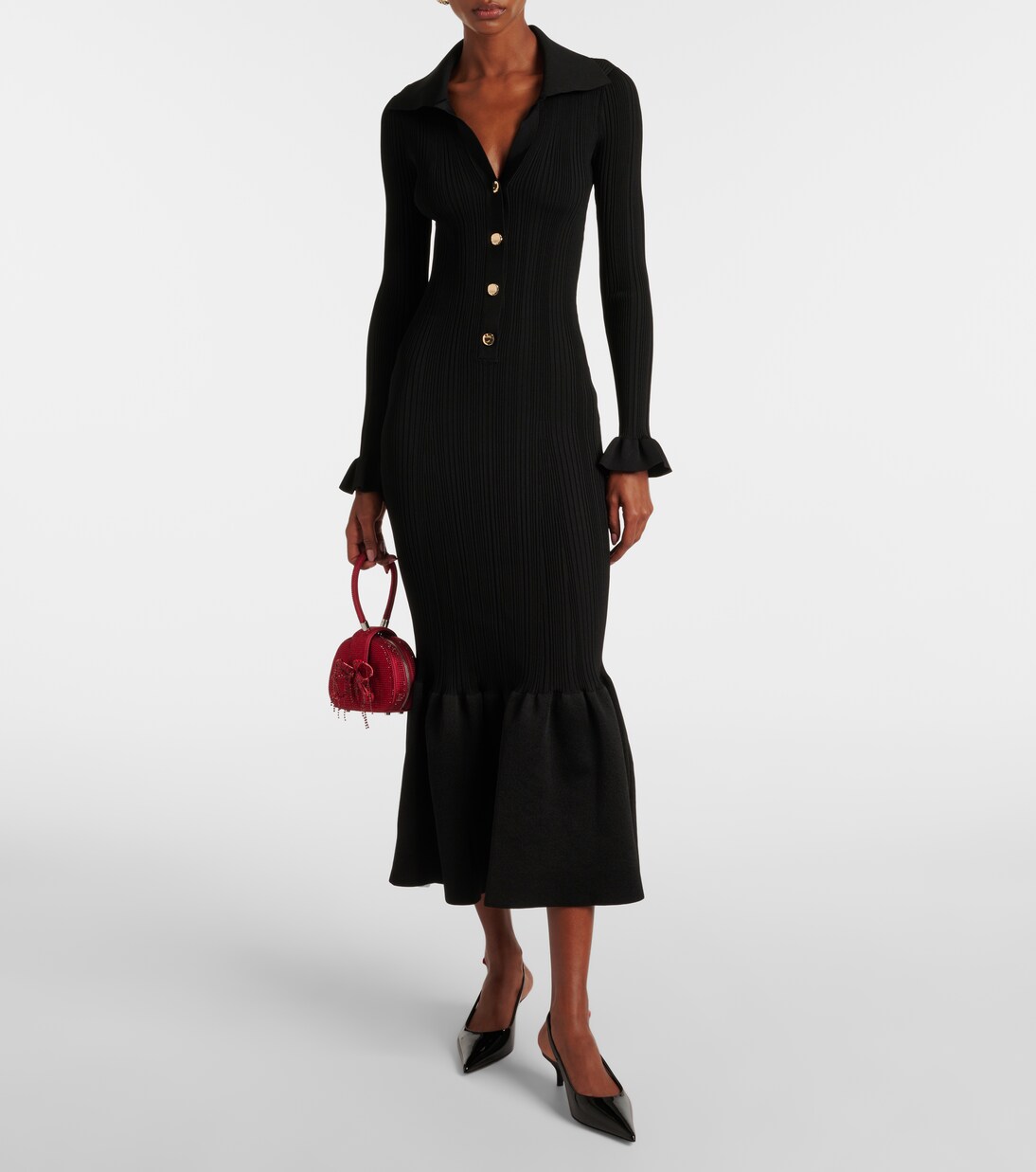 Ribbed knit midi dress in black Self Portrait Mytheresa