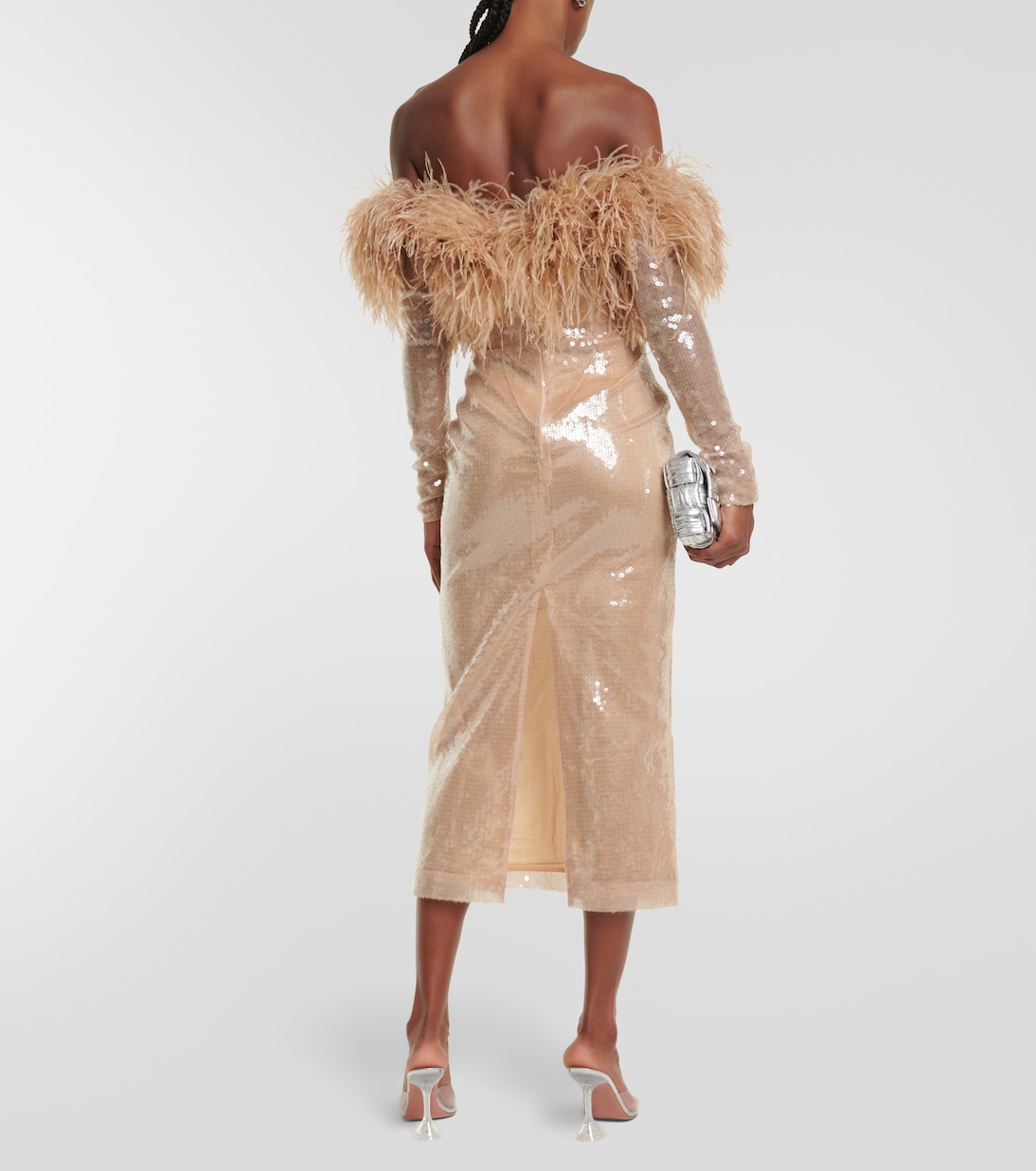 Feather-trimmed sequined midi dress | David Koma