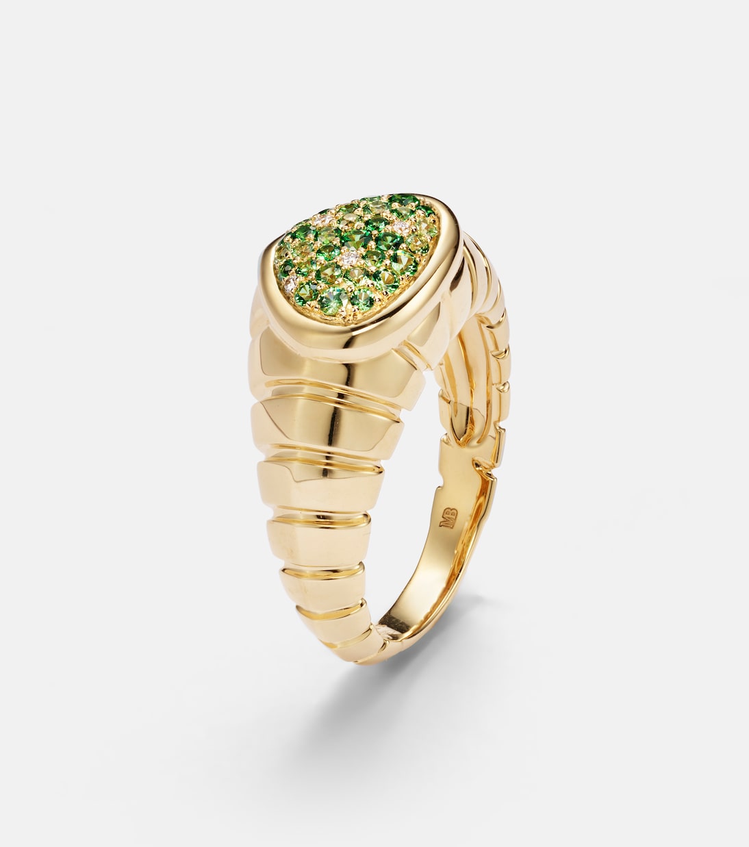 Anello in oro 18kt con tsavorite e diamanti, design moderno per giovani