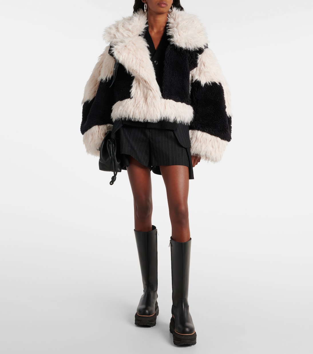Oversized faux fur-trimmed wool jacket | Sacai