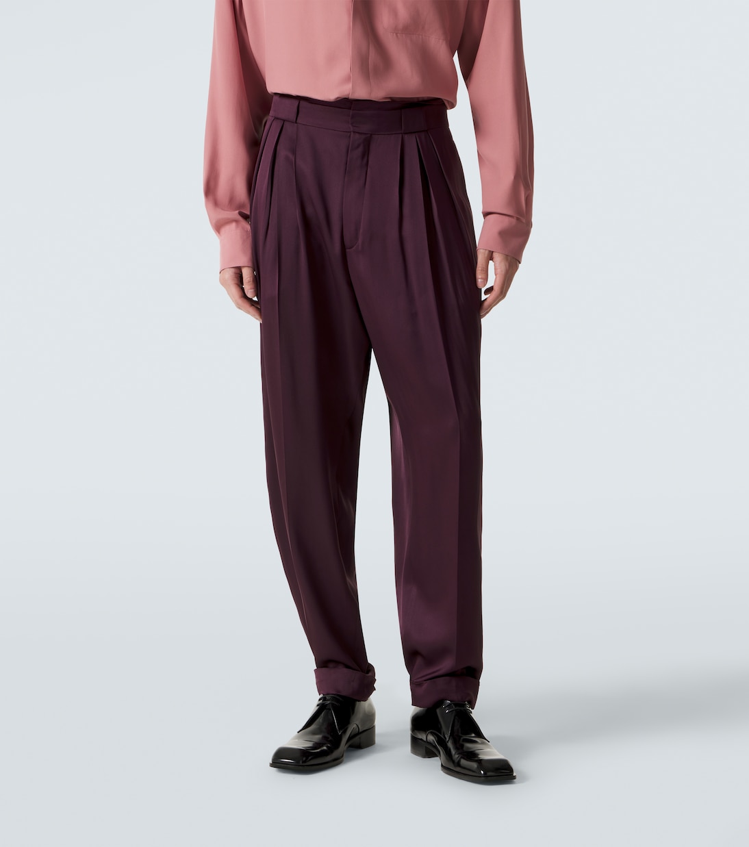 Belted silk satin straight pants | Saint Laurent