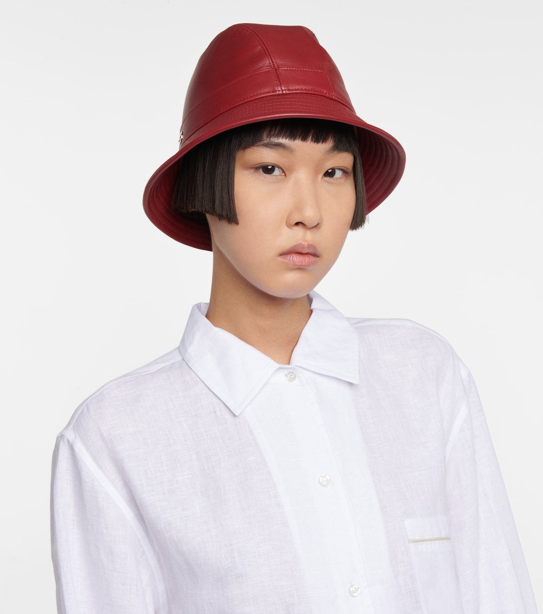 Red leather bucket hat top