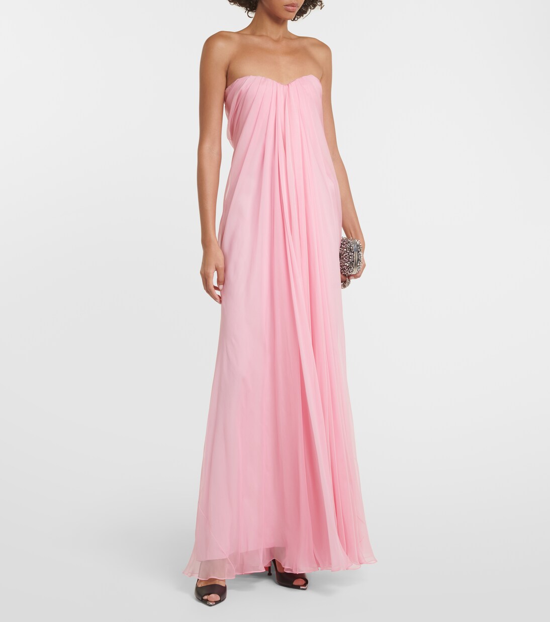 Strapless draped silk chiffon gown in pink Alexander Mc Queen Mytheresa