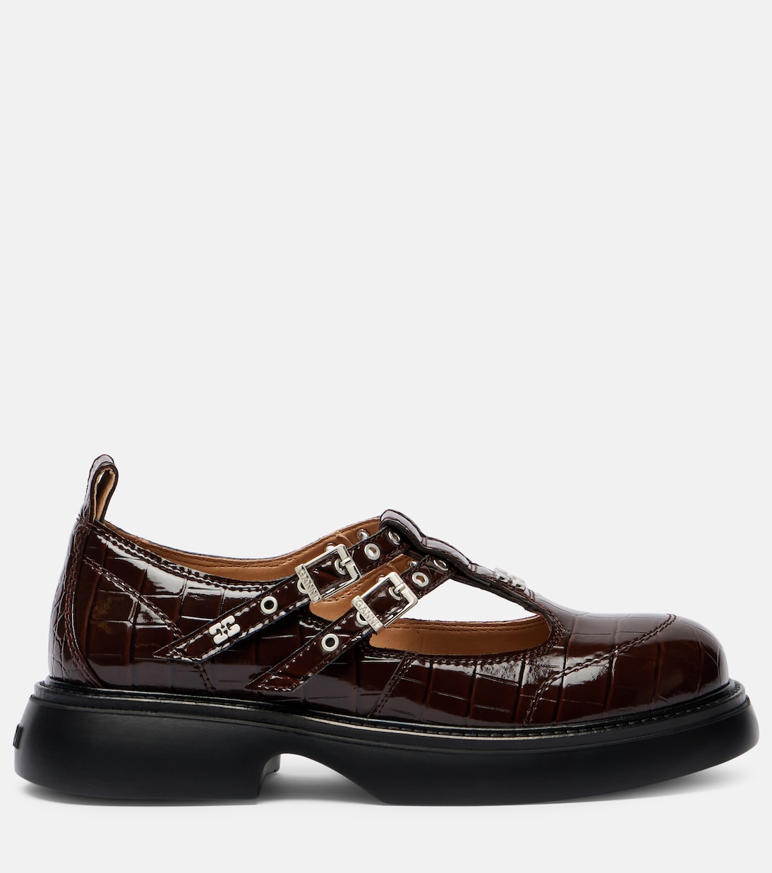 Croc-effect faux leather Mary Jane flats | Ganni