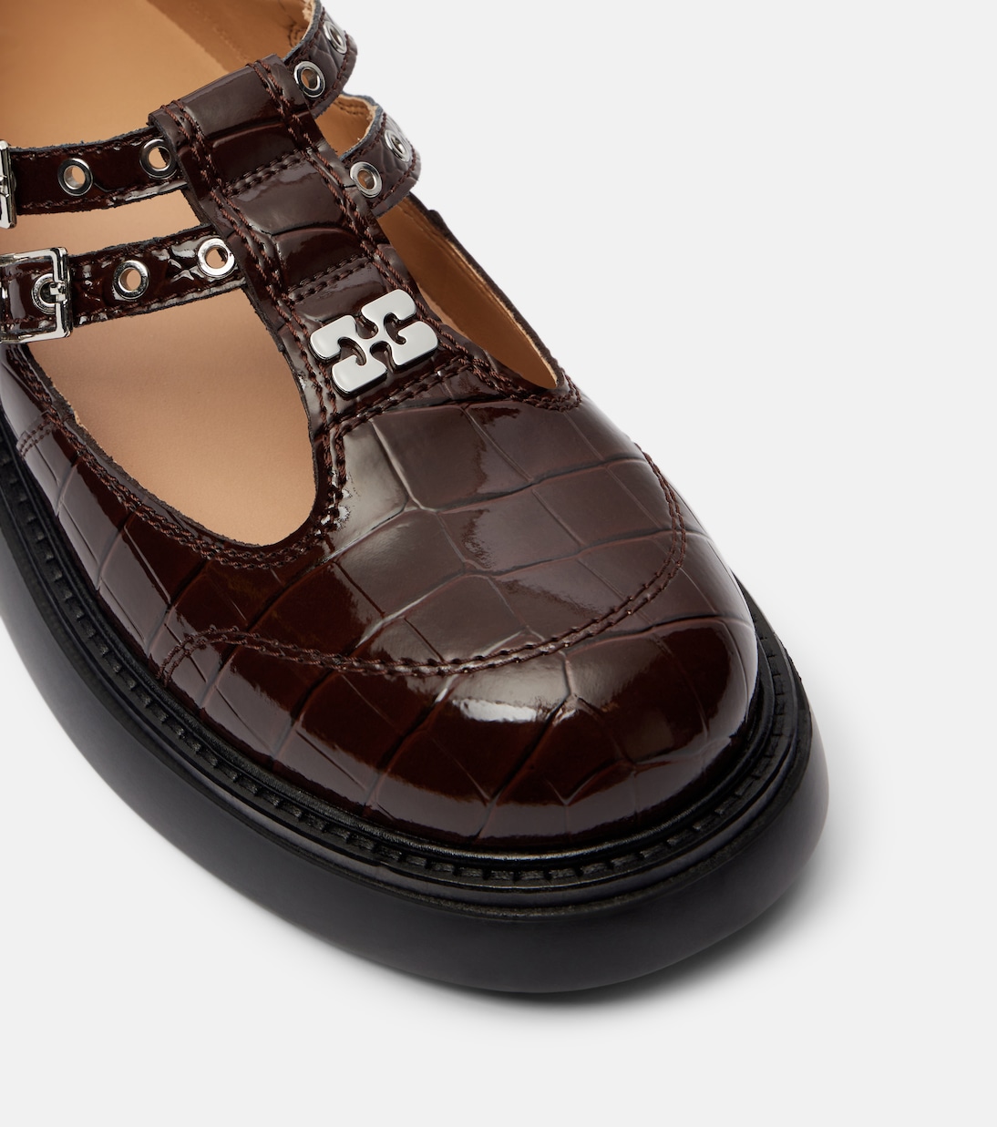 Croc-effect faux leather Mary Jane flats | Ganni