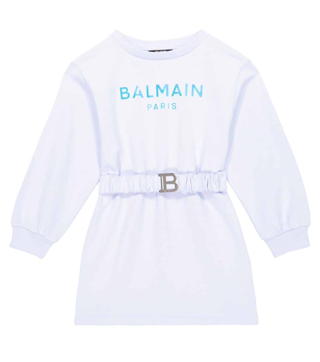 Abito felpa in cotone con cintura e logo | Balmain Kids