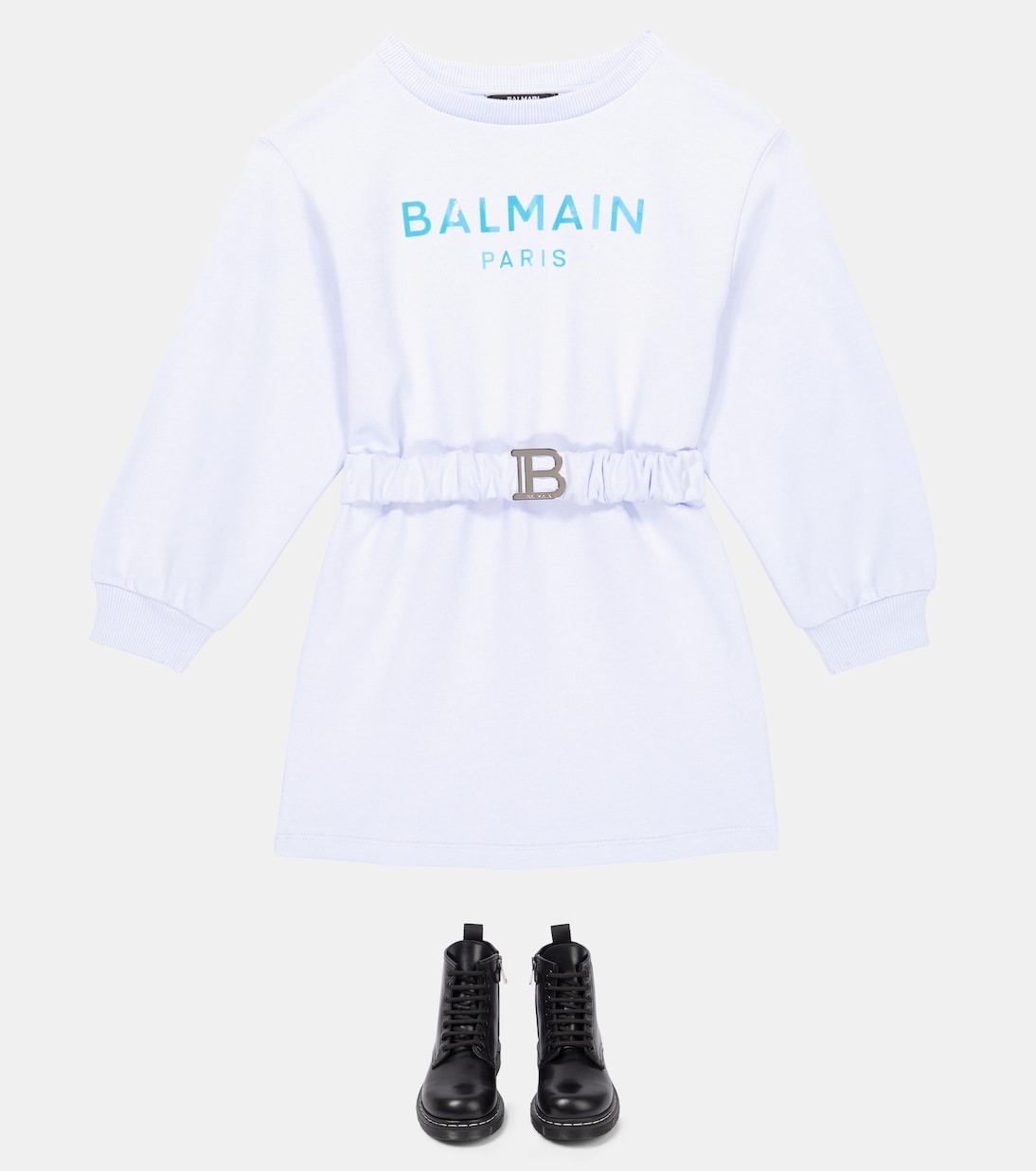 Abito felpa in cotone con cintura e logo | Balmain Kids