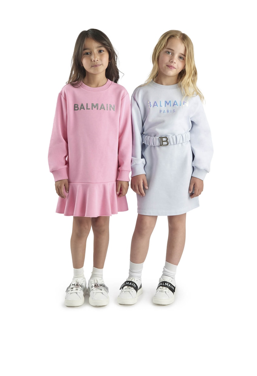 Abito felpa in cotone con cintura e logo | Balmain Kids