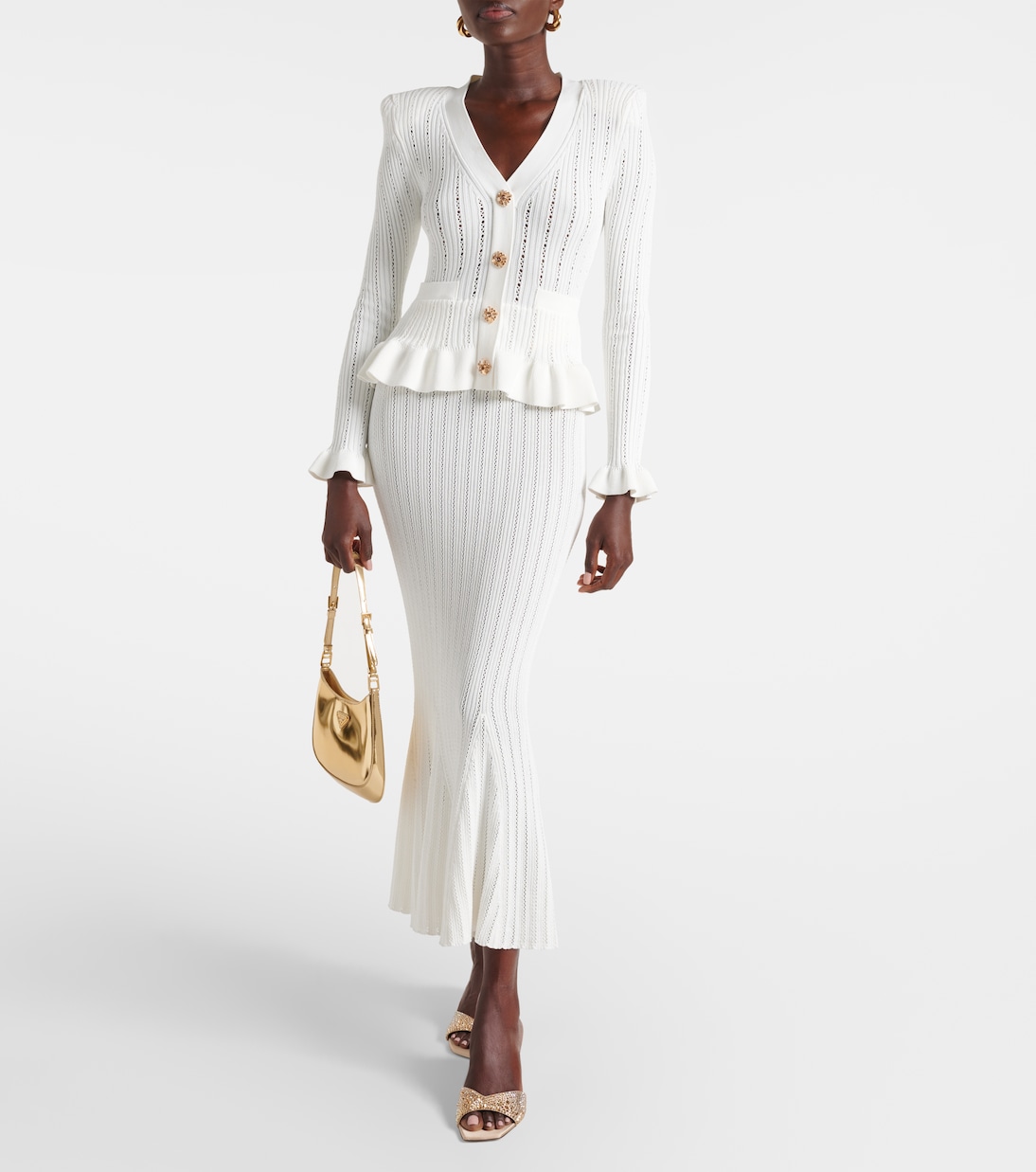 Pointelle peplum midi dress | Self-Portrait
