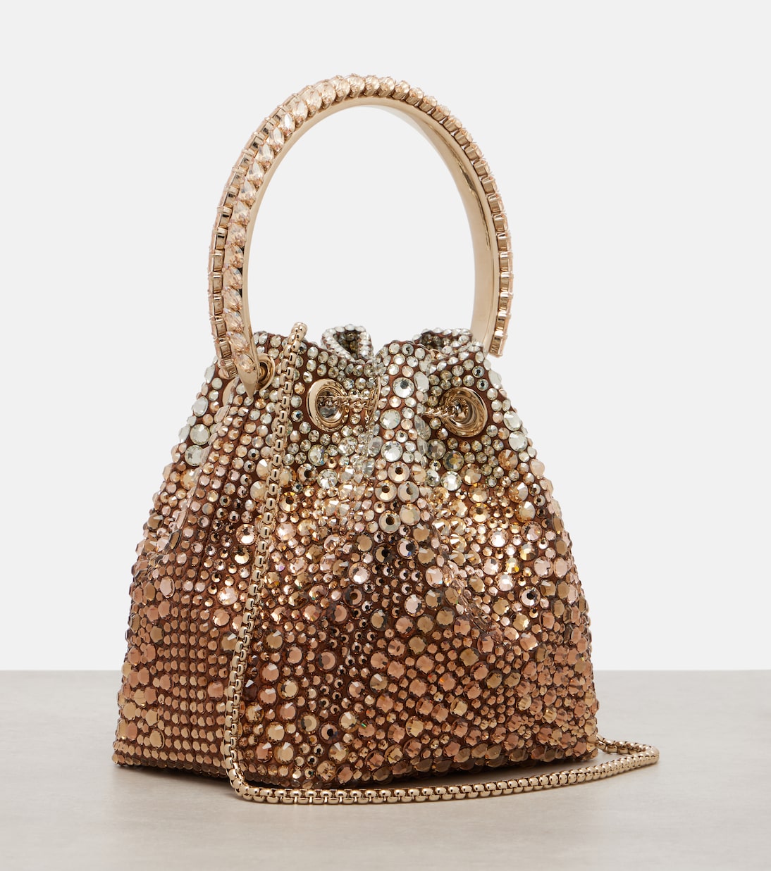 Bon Bon Small crystal-embellished satin bucket bag | Jimmy Choo
