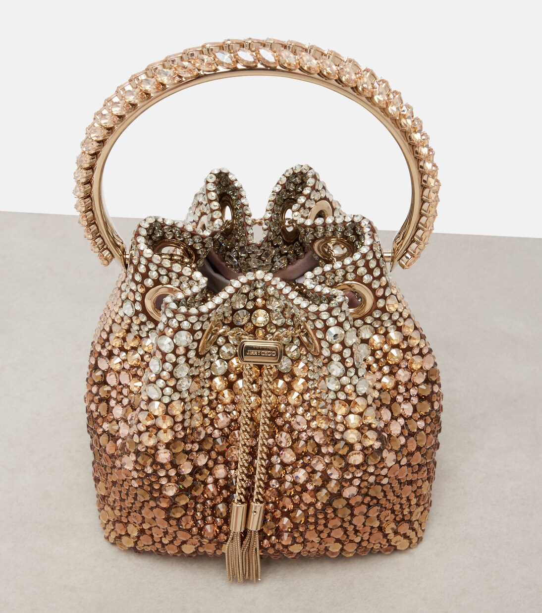 Bon Bon Small crystal-embellished satin bucket bag | Jimmy Choo