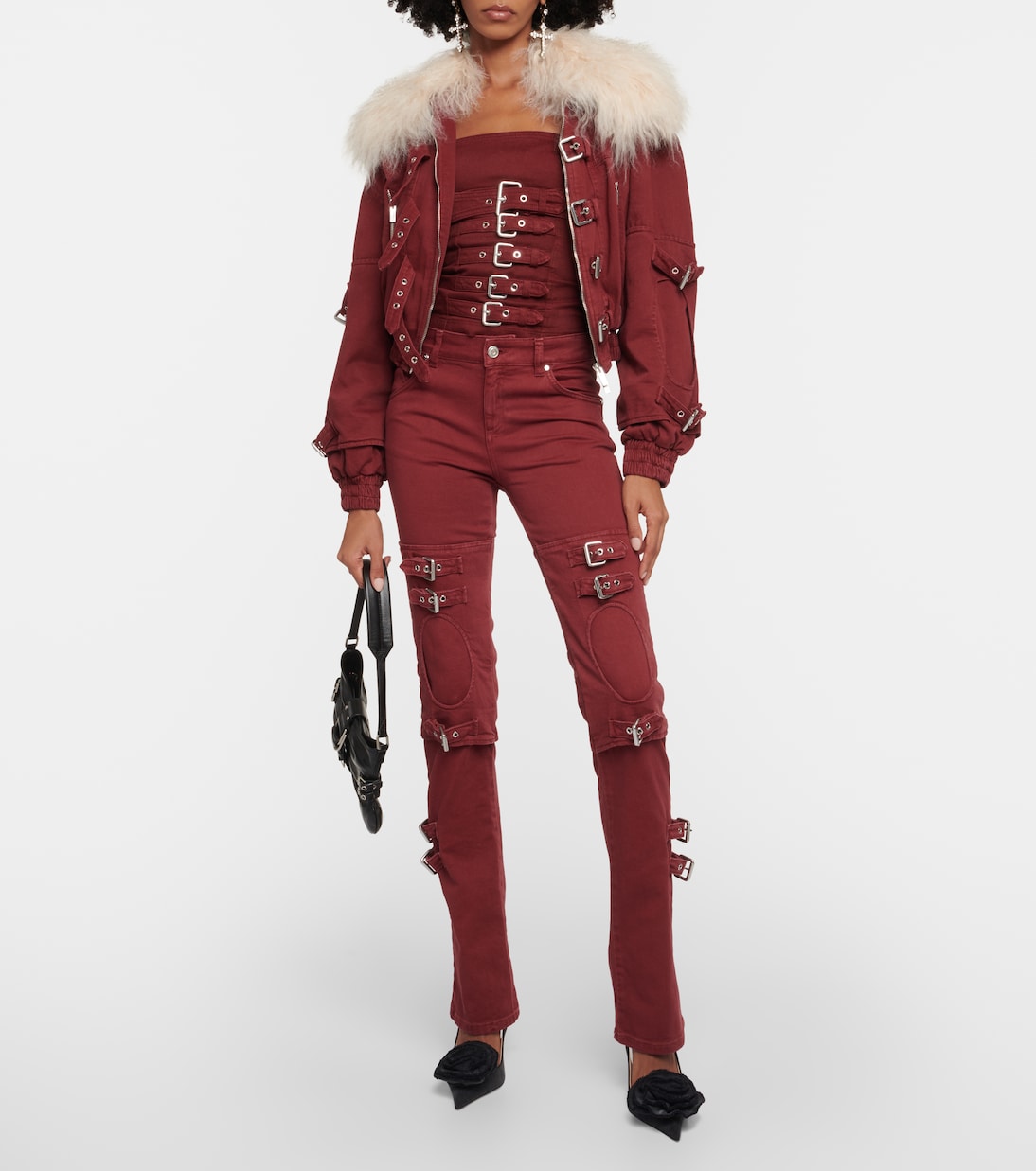 Cropped shearling-trimmed denim jacket | Blumarine