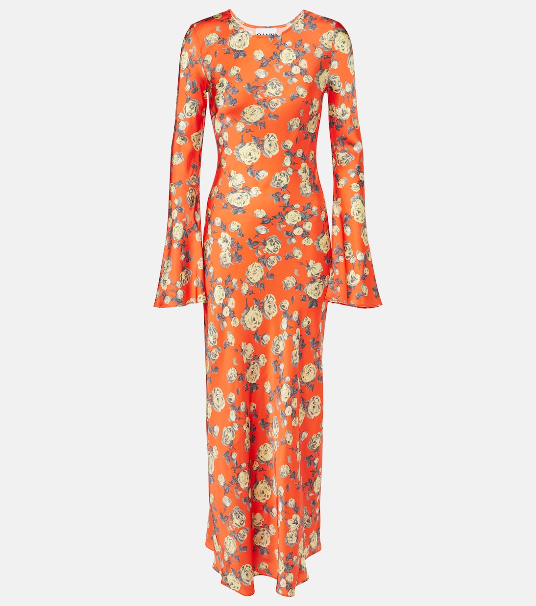Floral satin maxi dress in orange Ganni Mytheresa