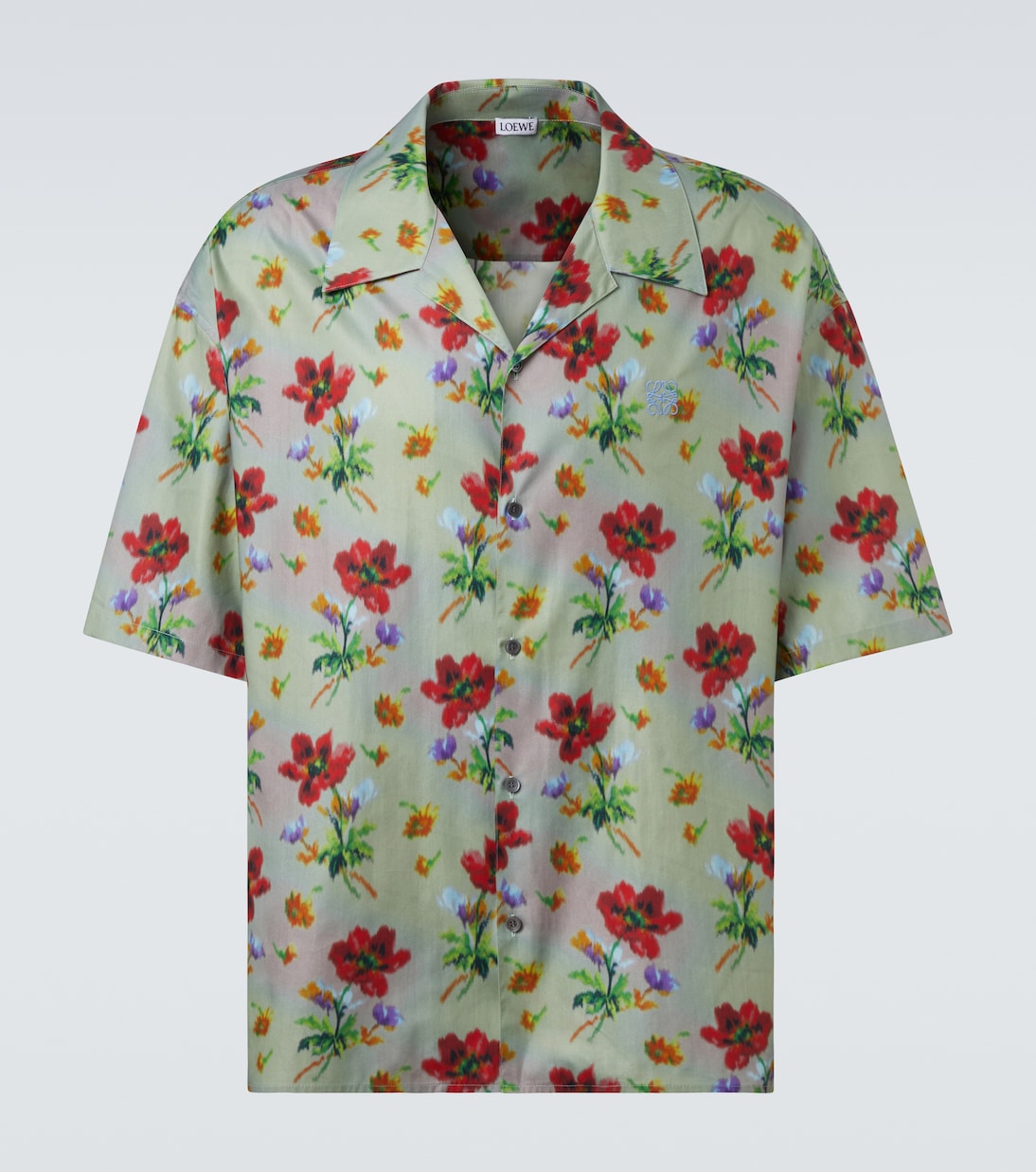 Camicia bowling in twill di cotone e seta con stampa floreale | Loewe