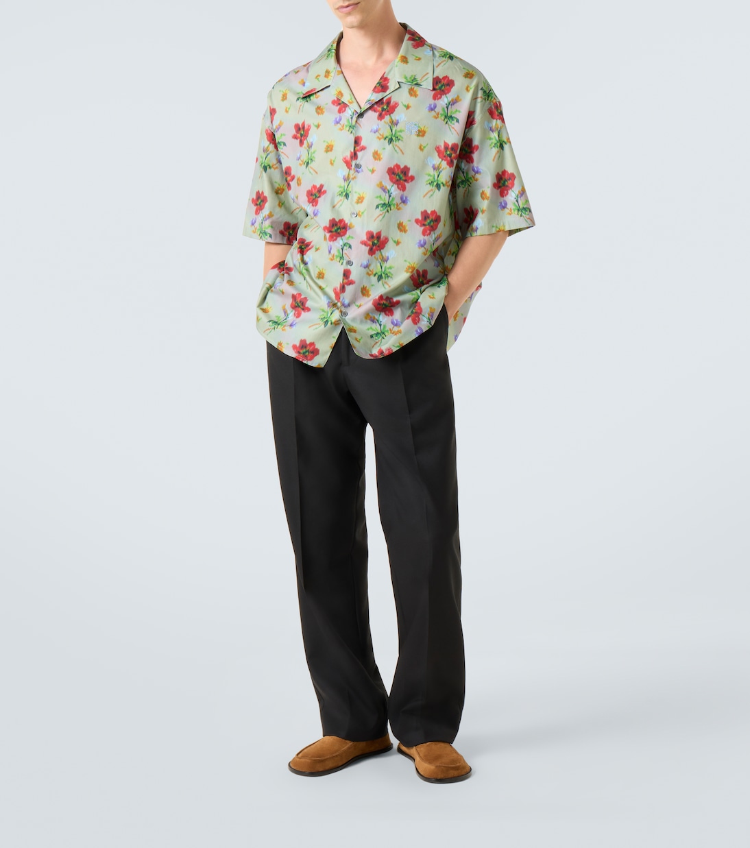 Camicia bowling in twill di cotone e seta con stampa floreale | Loewe