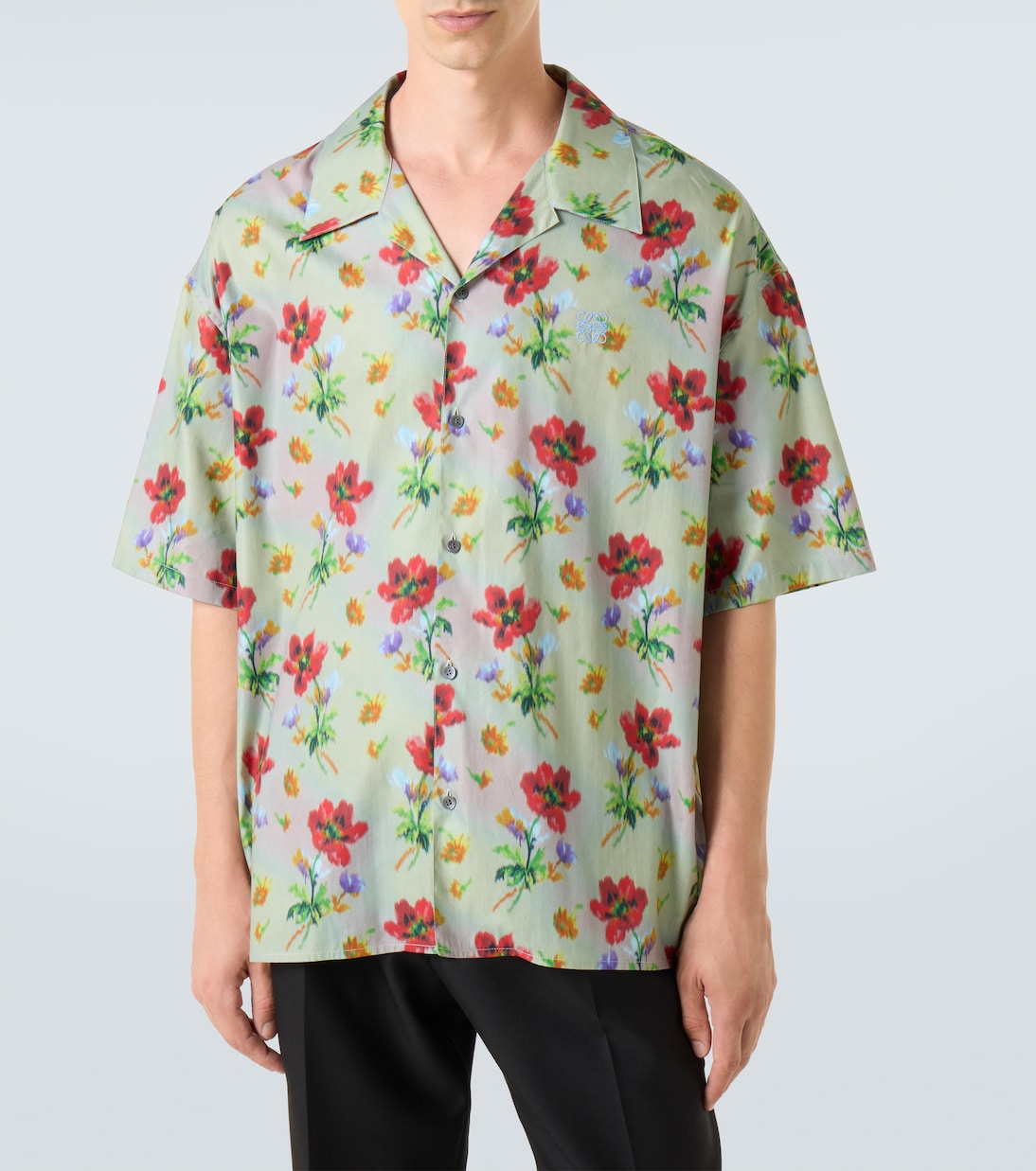 Camicia bowling in twill di cotone e seta con stampa floreale | Loewe
