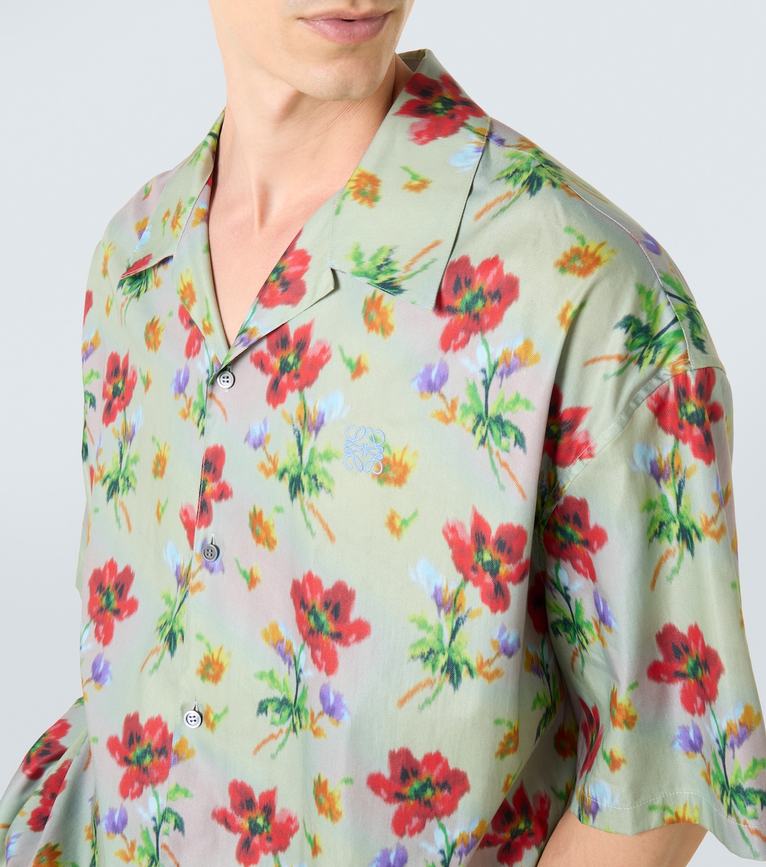 Camicia bowling in twill di cotone e seta con stampa floreale | Loewe