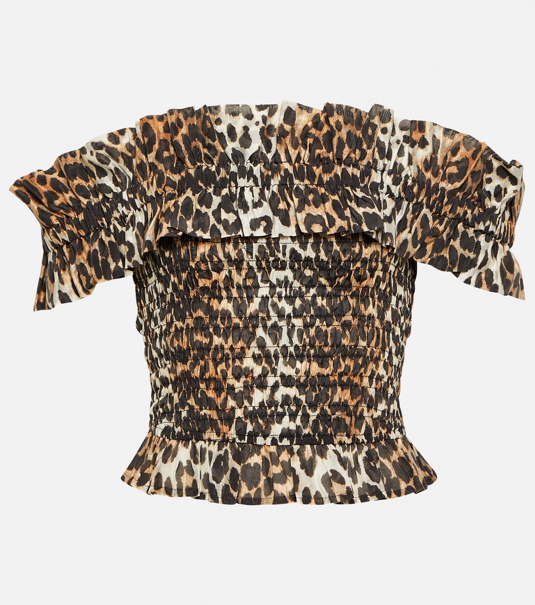 Leopard-print off-shoulder voile top | Ganni