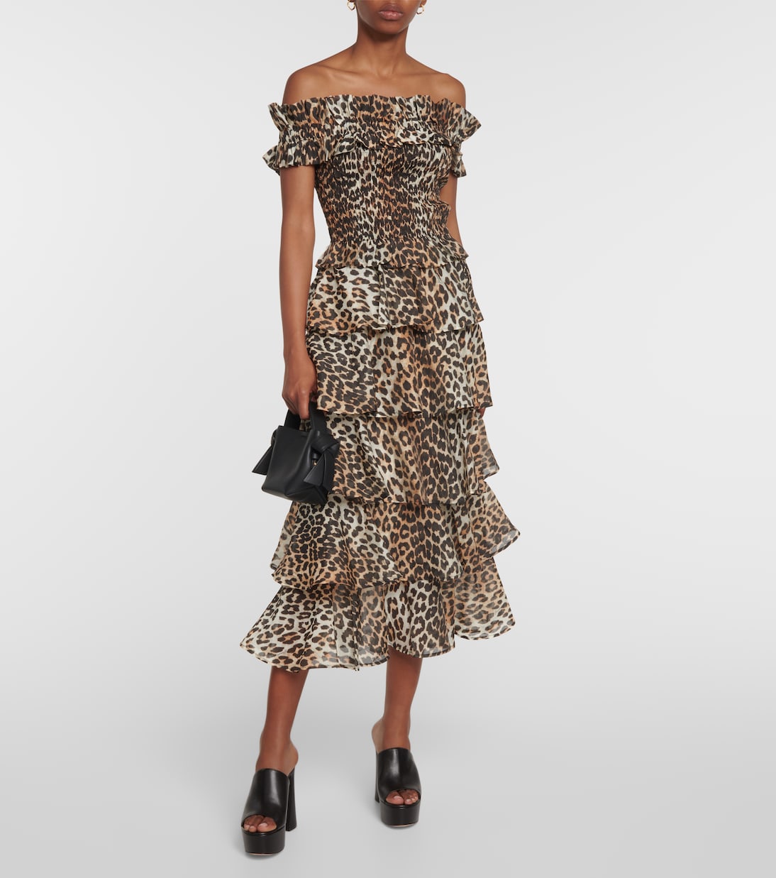 Leopard-print off-shoulder voile top | Ganni