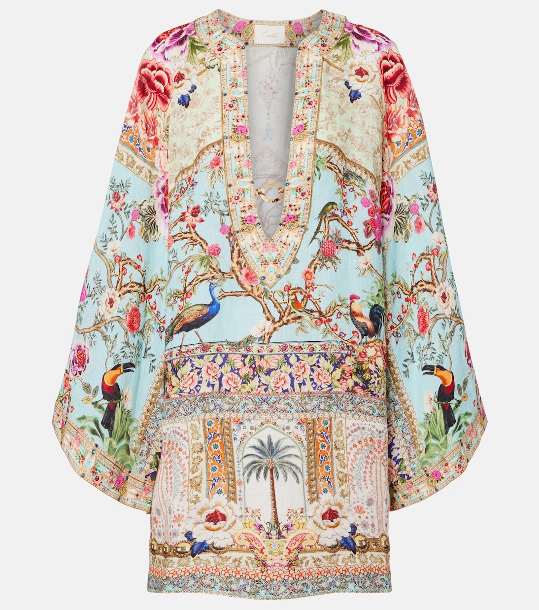 Embellished printed ring-detail linen kaftan | Camilla
