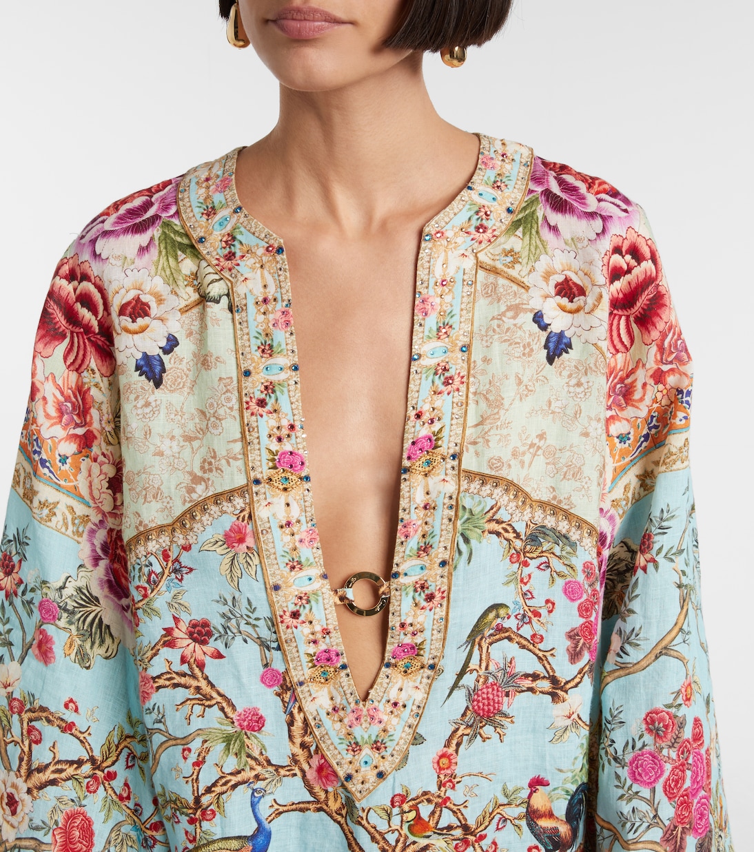 Embellished printed ring-detail linen kaftan | Camilla