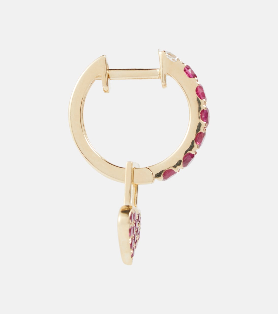 Orb Midi and Heart EarWish 14kt gold single hoop earring with diamonds and rubies | Robinson Pelham