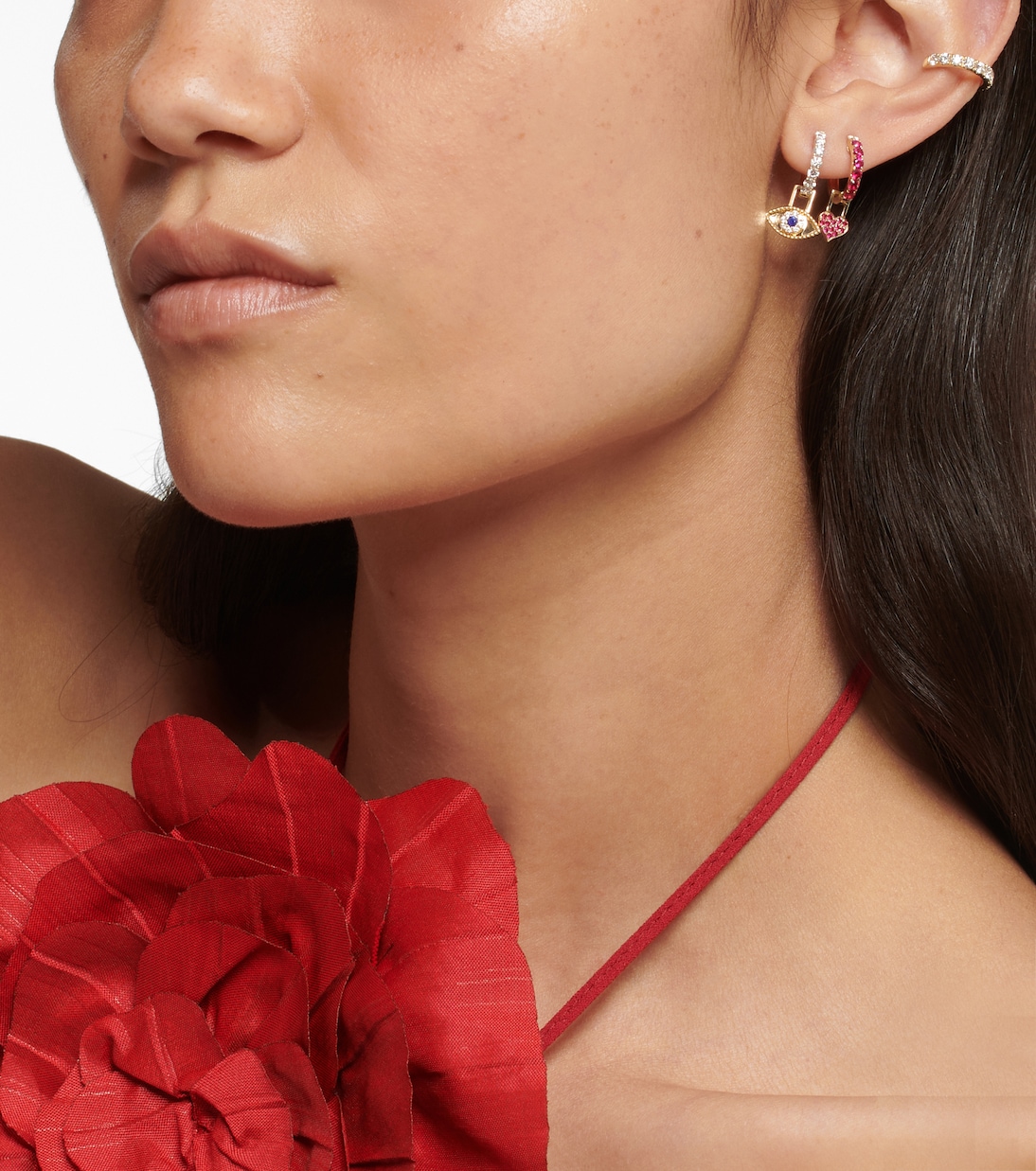 Orb Midi and Heart EarWish 14kt gold single hoop earring with diamonds and rubies | Robinson Pelham
