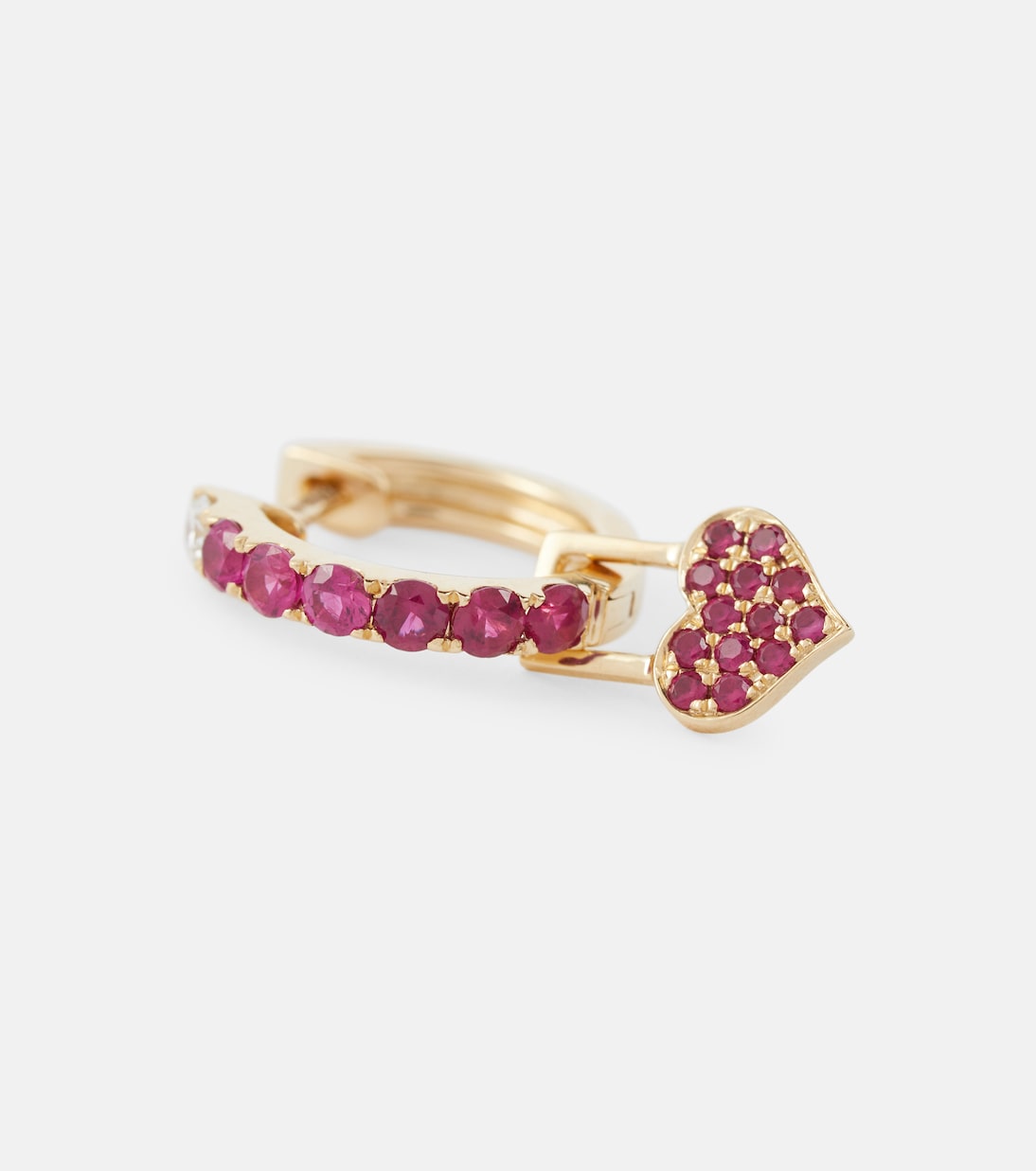 Orb Midi and Heart EarWish 14kt gold single hoop earring with diamonds and rubies | Robinson Pelham