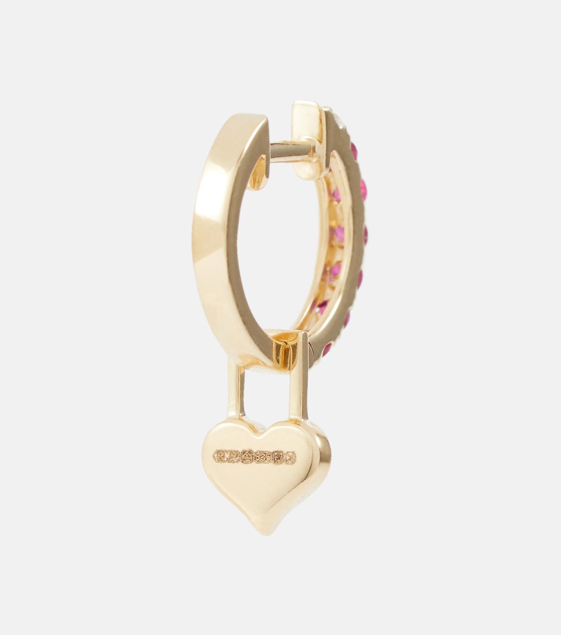 Orb Midi and Heart EarWish 14kt gold single hoop earring with diamonds and rubies | Robinson Pelham
