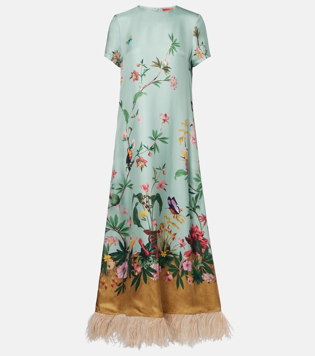 Swing feather-trimmed silk twill maxi dress | La DoubleJ