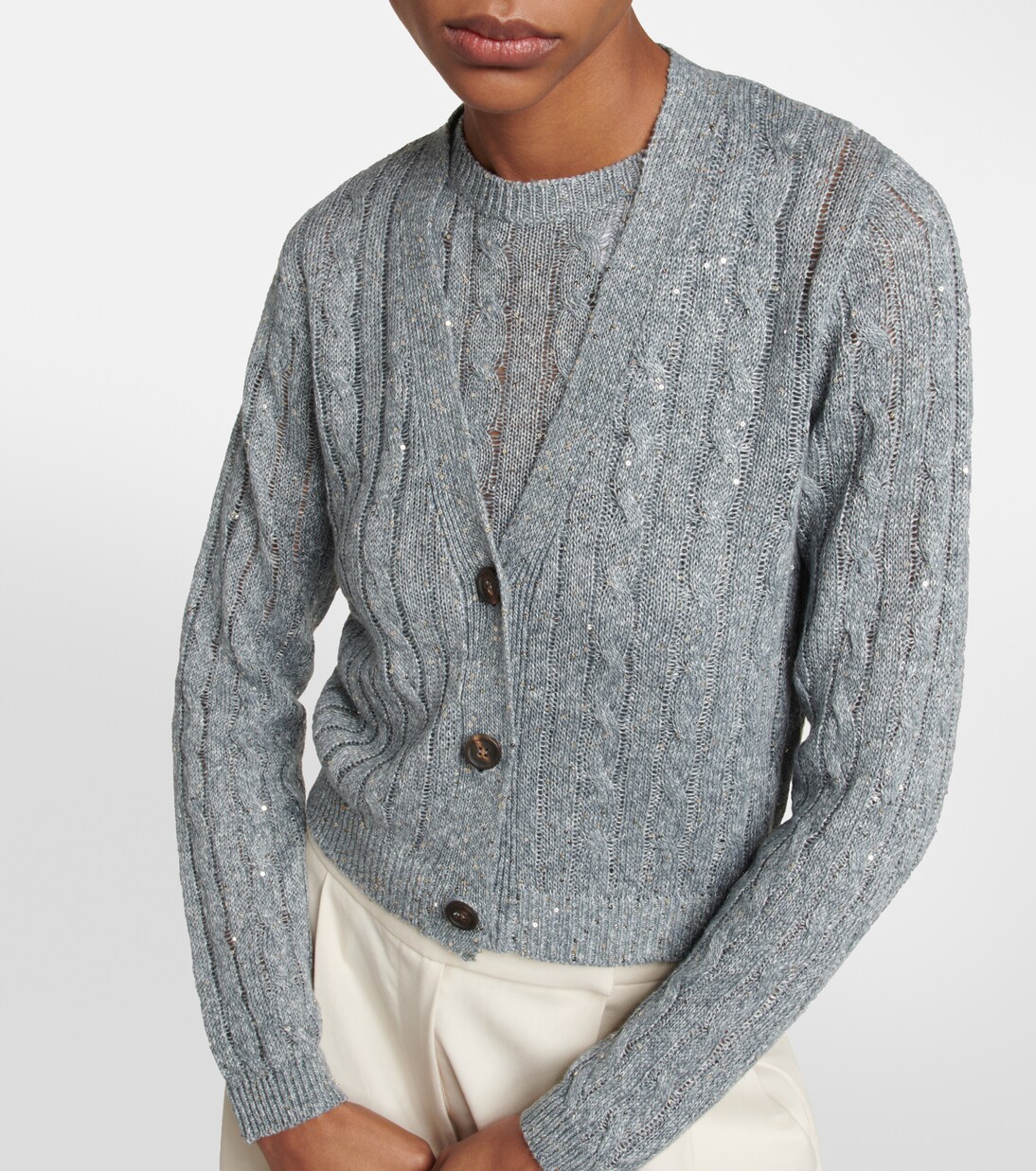 Cardigan Brunello Cucinelli En Coton - Maille Câble Avec Bordure Monili - Taille L - Neuf Sans étiquettes