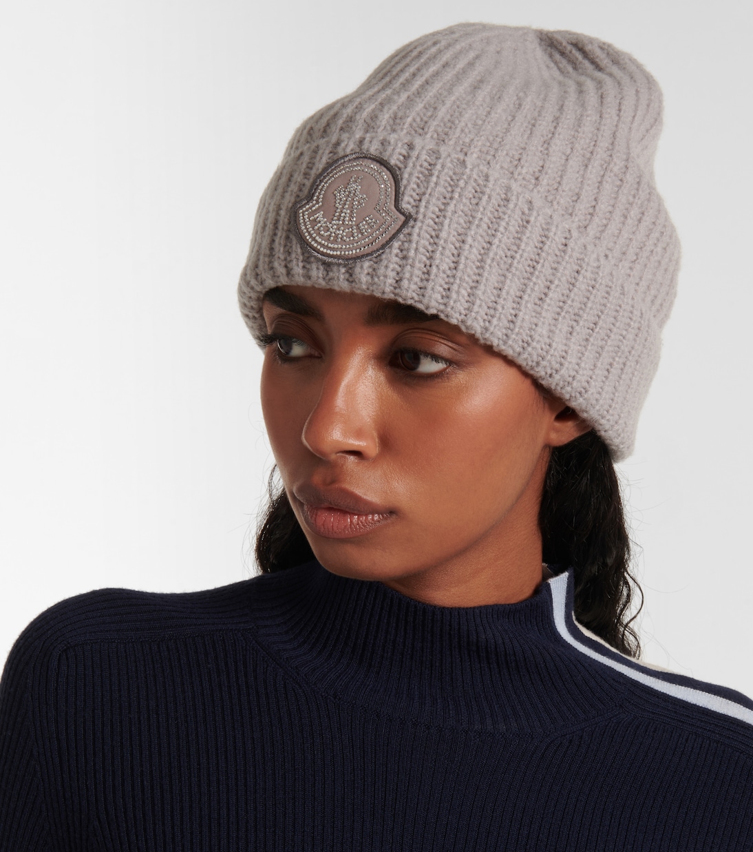 Logo wool blend beanie in grey Moncler Mytheresa