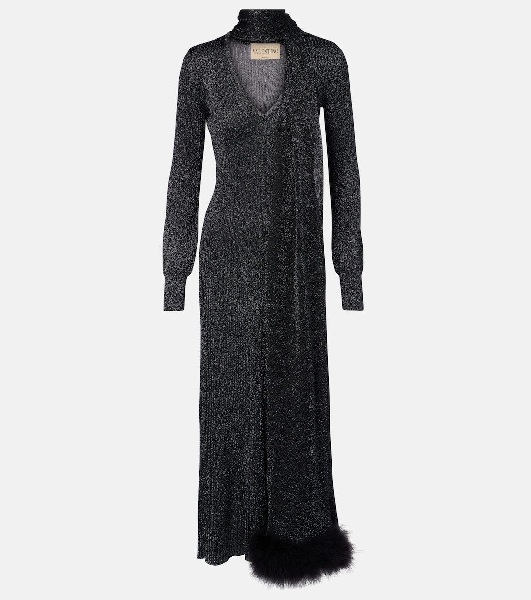Feather-trimmed lamé maxi dress | Valentino