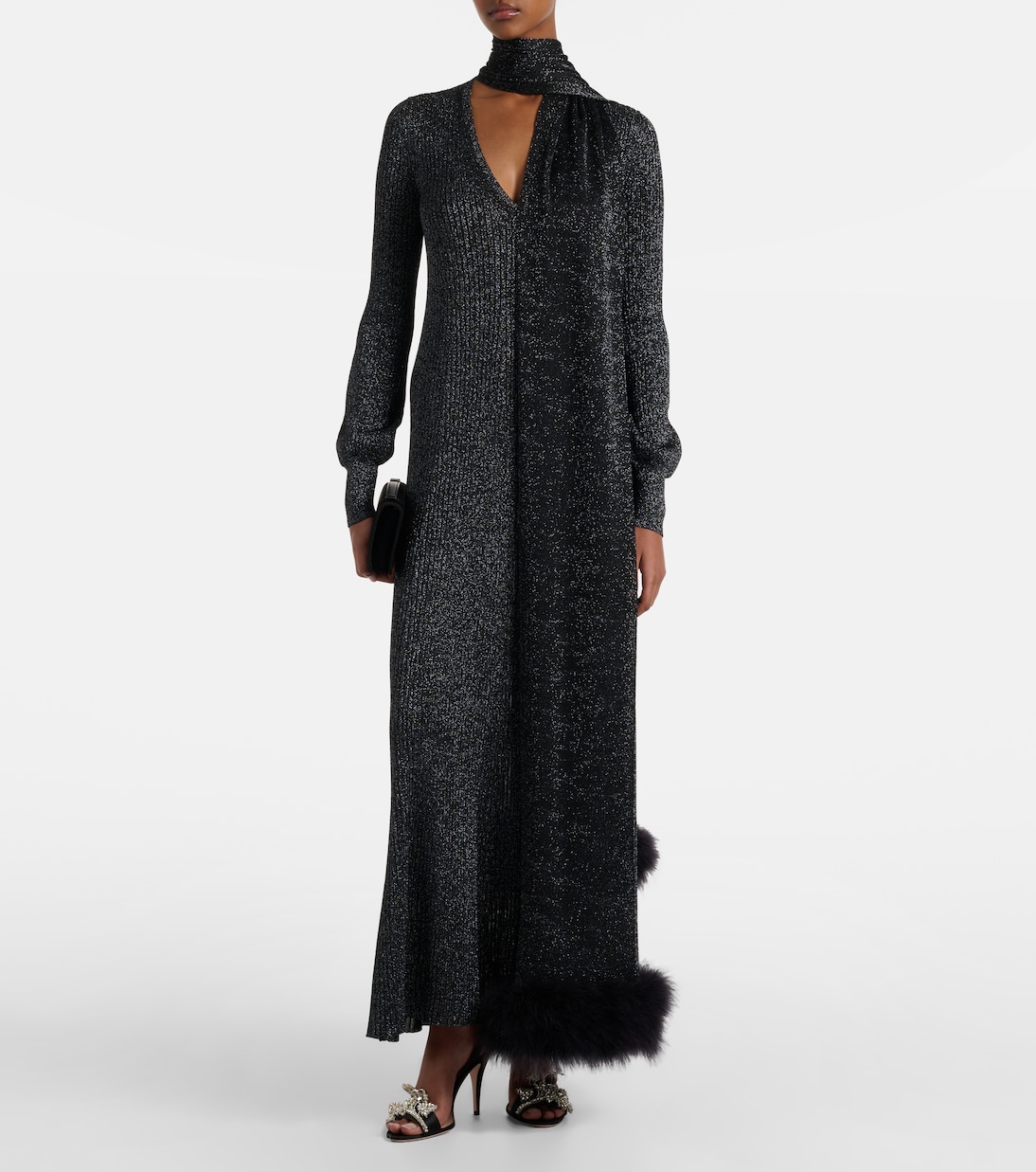 Feather-trimmed lamé maxi dress | Valentino