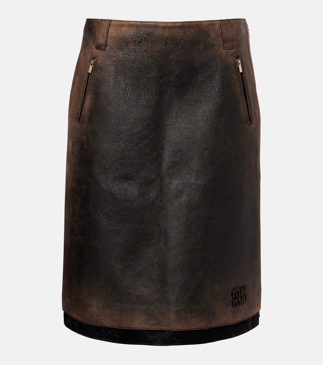 Suede-trimmed leather midi skirt | Miu Miu