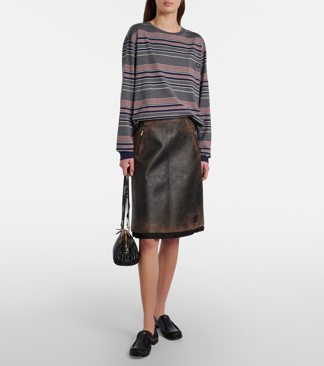 Suede-trimmed leather midi skirt | Miu Miu
