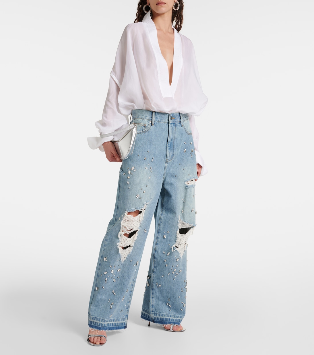 Jeans a gamba larga con cristalli | Xu Zhi