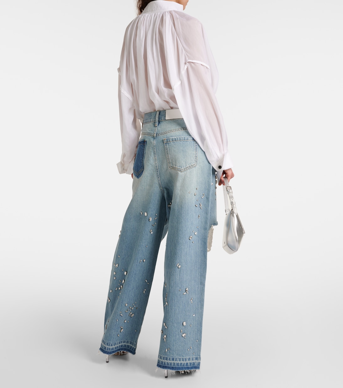 Jeans a gamba larga con cristalli | Xu Zhi