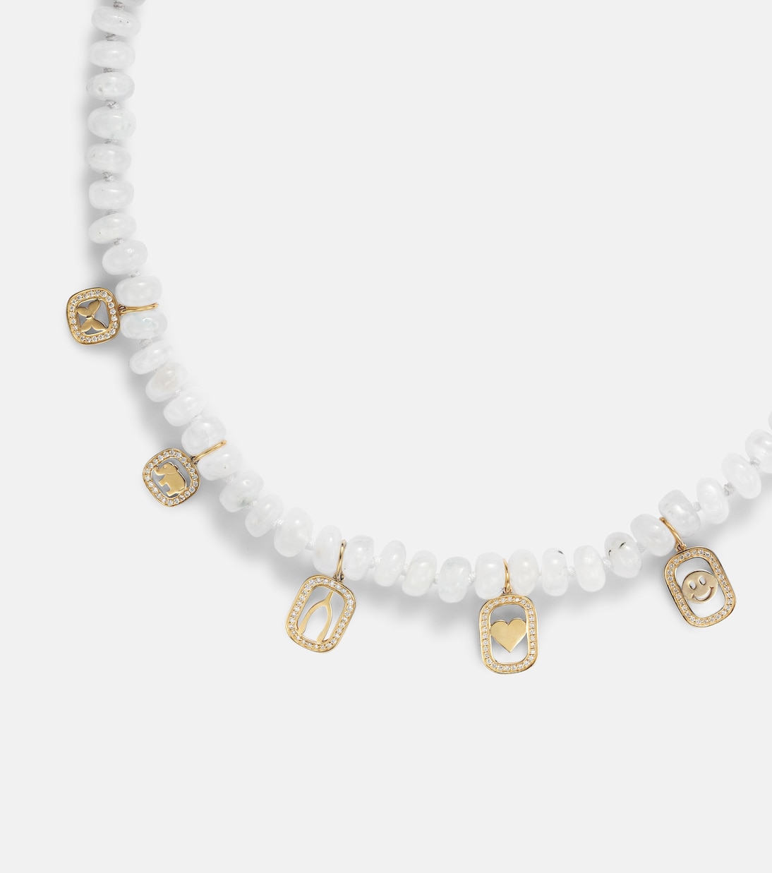 Collana in oro 14kt Sydney Evan con moonstone e diamanti, design multi-charm per giovani