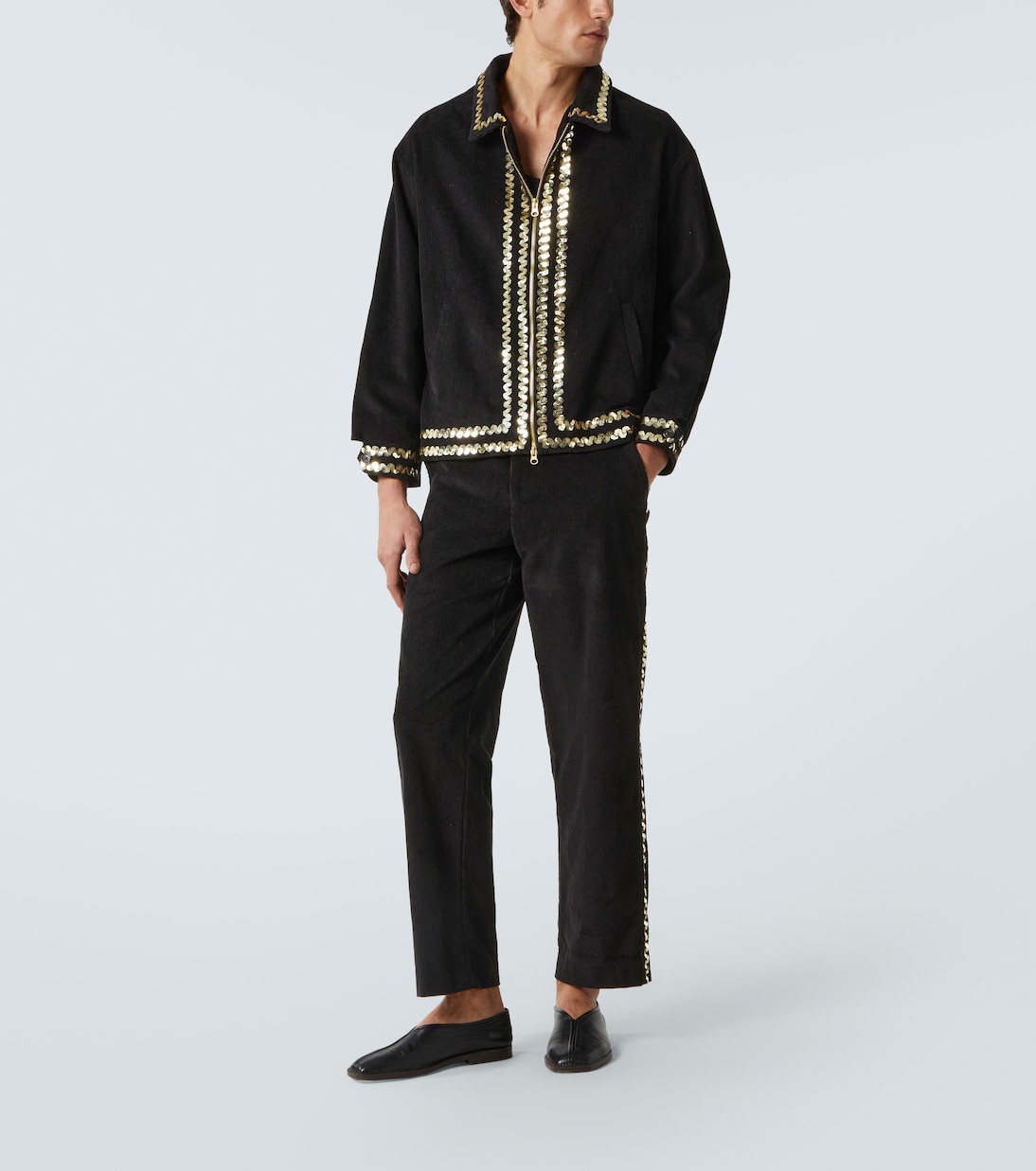 Pantalon droit en velours côtelé de coton à sequins | Bode