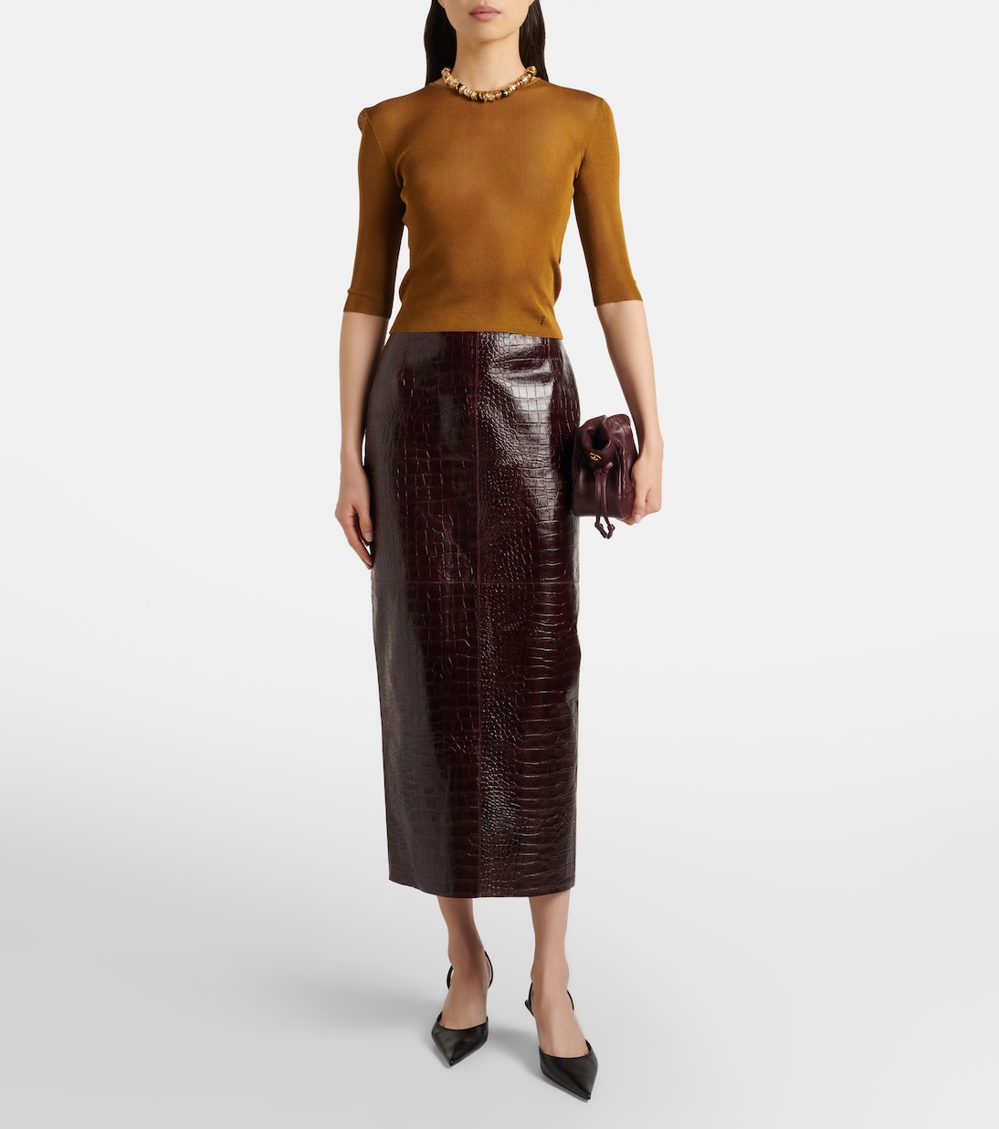 Elyse croc-effect leather pencil skirt | Nour Hammour