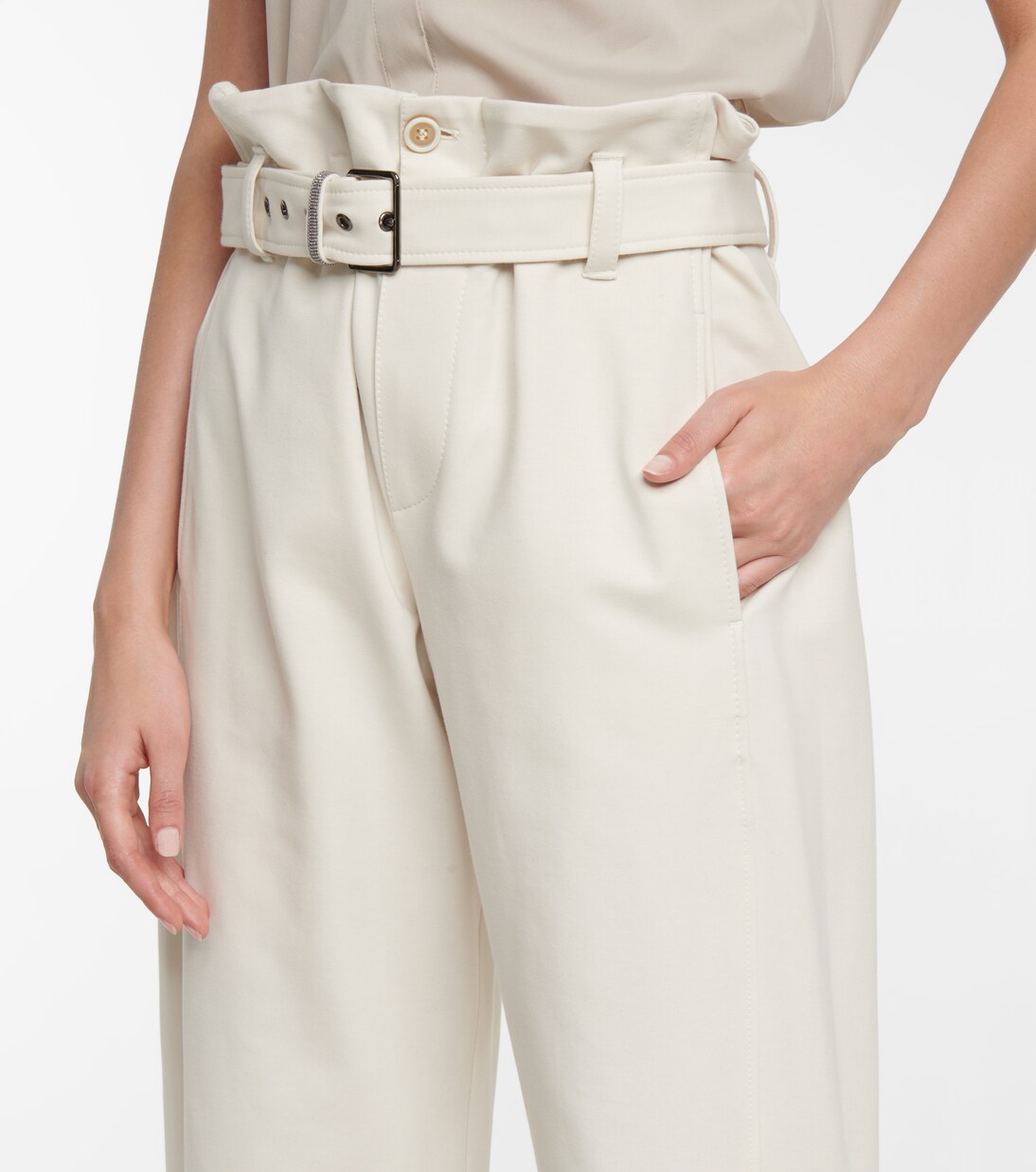 High-rise cotton-blend paperbag pants | Brunello Cucinelli