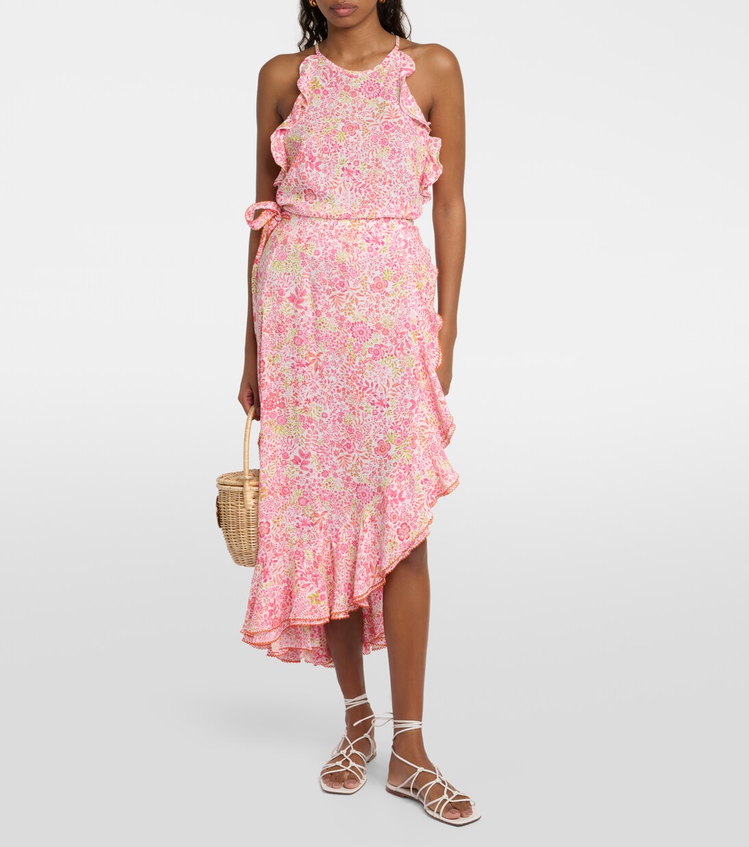 Falda midi Aude floral con volantes | Poupette St Barth