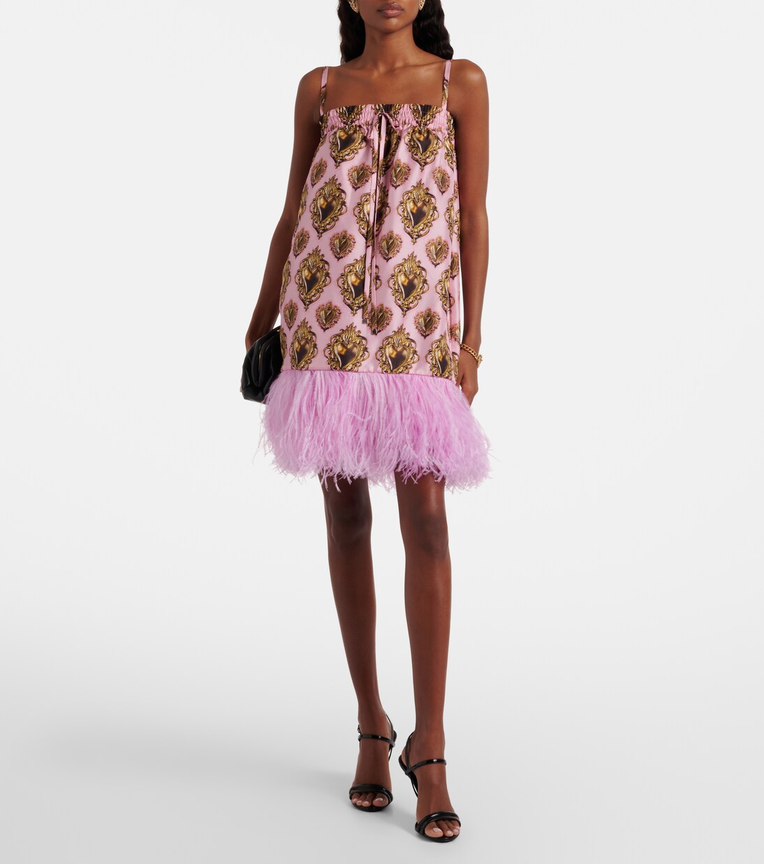 Vestido corto de seda estampado con plumas | Dolce&Gabbana