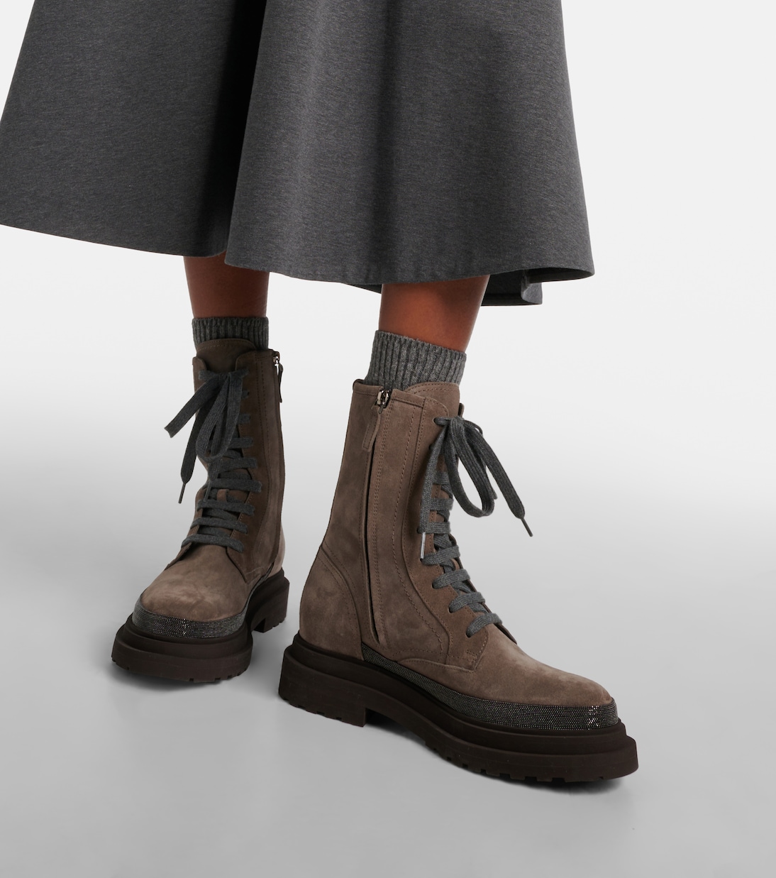Monili embellished suede combat boots in beige Brunello Cucinelli Mytheresa