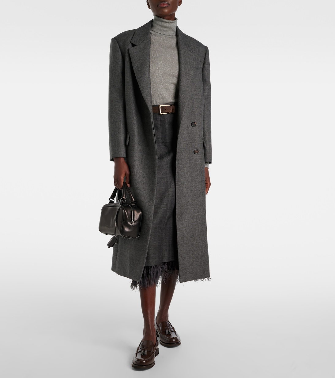 Falda midi de lana virgen con plumas | Brunello Cucinelli
