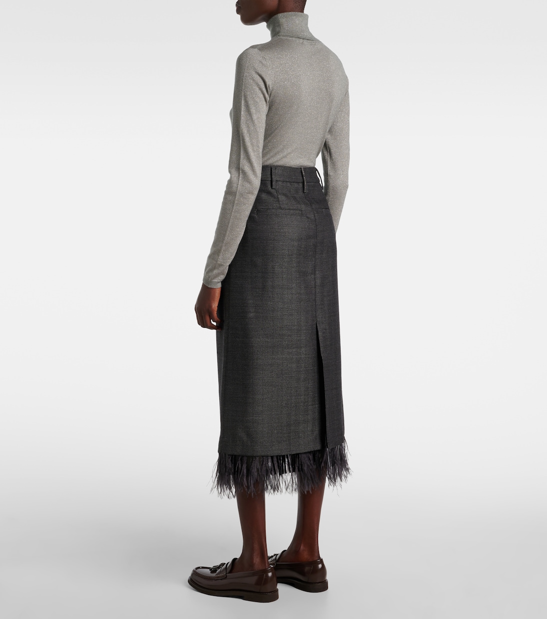 Falda midi de lana virgen con plumas | Brunello Cucinelli