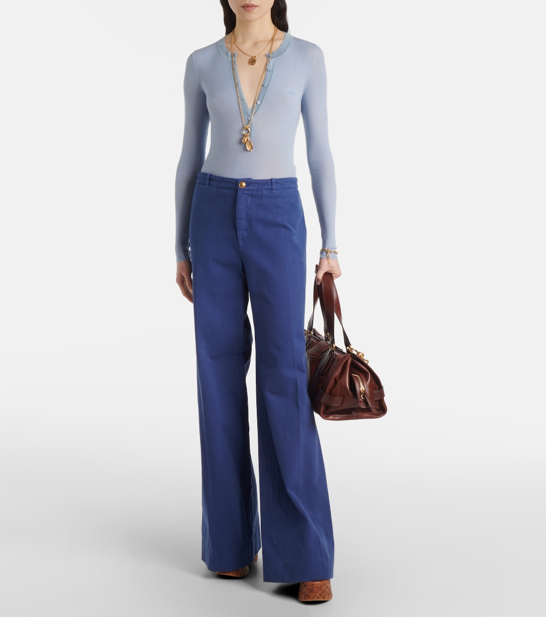 Pantalon évasé à taille mi-haute en coton | Chloé